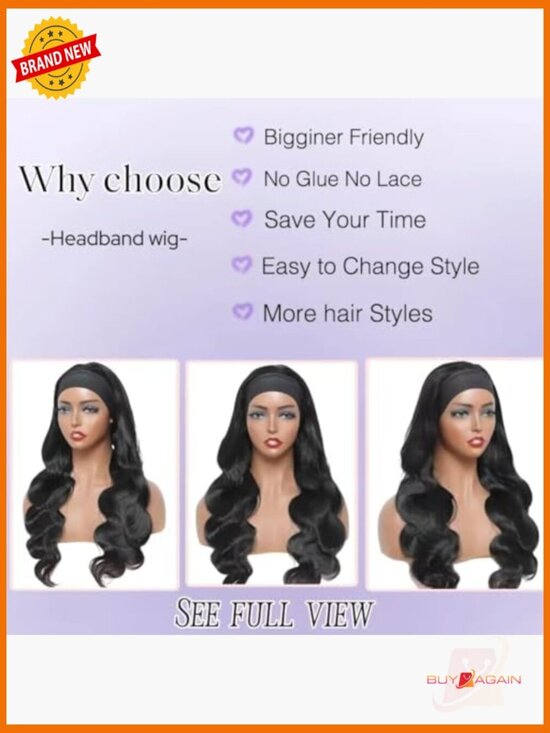Body Wave Headband Wig 100% Human Hair Non Lace Front 180% Density main image 6